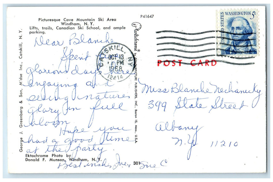 1968 Picturesque Cave Mountain Ski Area Lifts Trail Windham New York NY Postcard