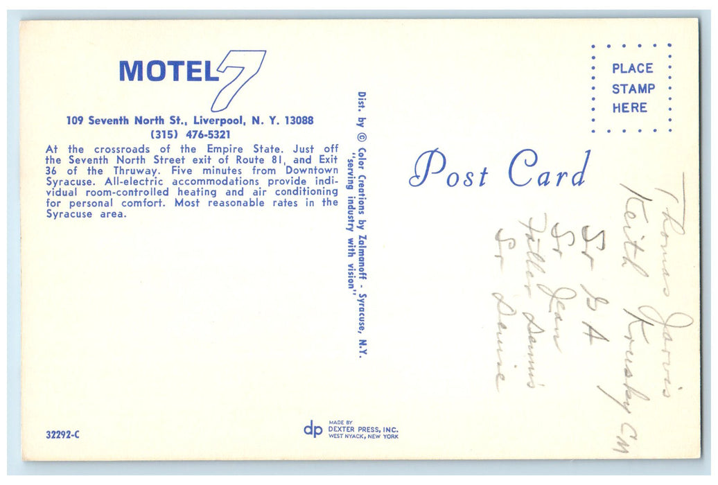 c1950's Motel 7 Seventh North Street Restaurant Liverpool New York NY Postcard