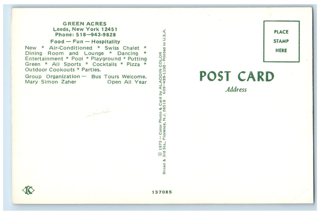 c1950's Green Acres Hotel Restaurant Dining Set Up Leeds New York NY Postcard