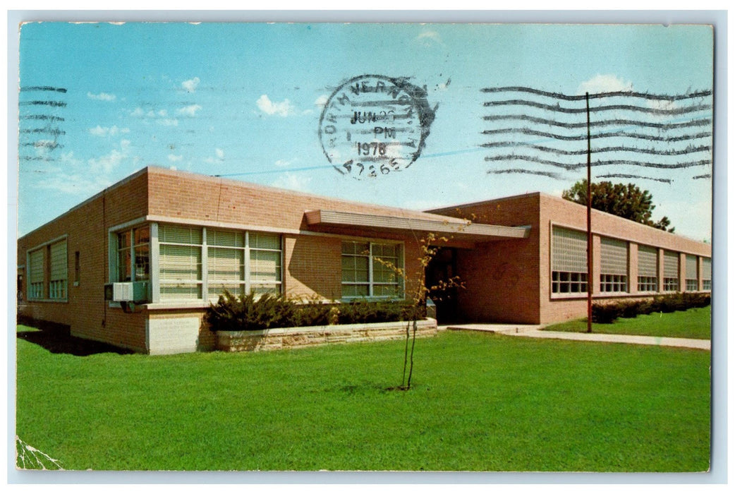 1978 Junior High School Exterior Roadside North Vernon IN Posted Trees Postcard