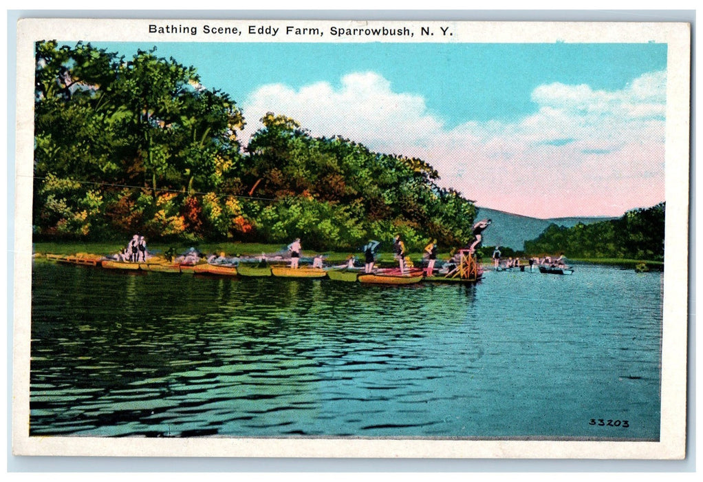 1938 Bathing Scene Eddy Farm Boating Guests Sparrowbush New York NY Postcard