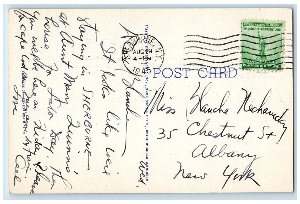 1945 Greetings From Sherburne River Lake Grove Highway Road New York NY Postcard