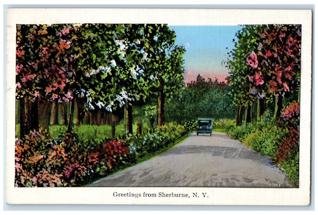 1945 Greetings From Sherburne Classic Car Grove Dirt Road New York NY Postcard