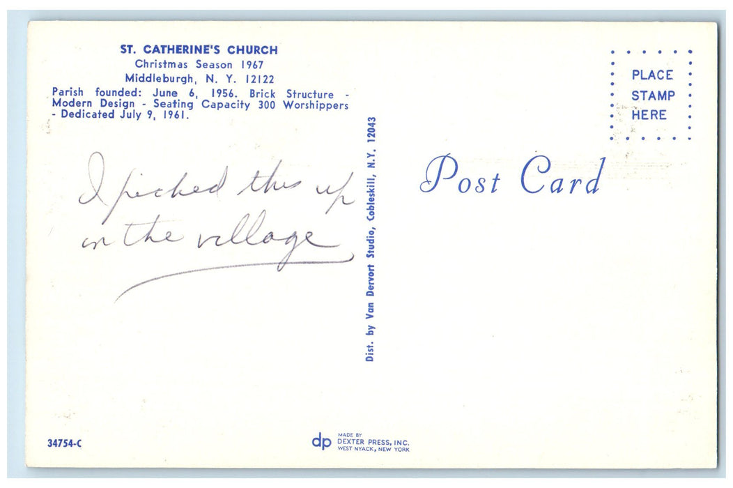 c1950 St. Catherine's Church Christmas Season 1967 Winter Middleburg NY Postcard