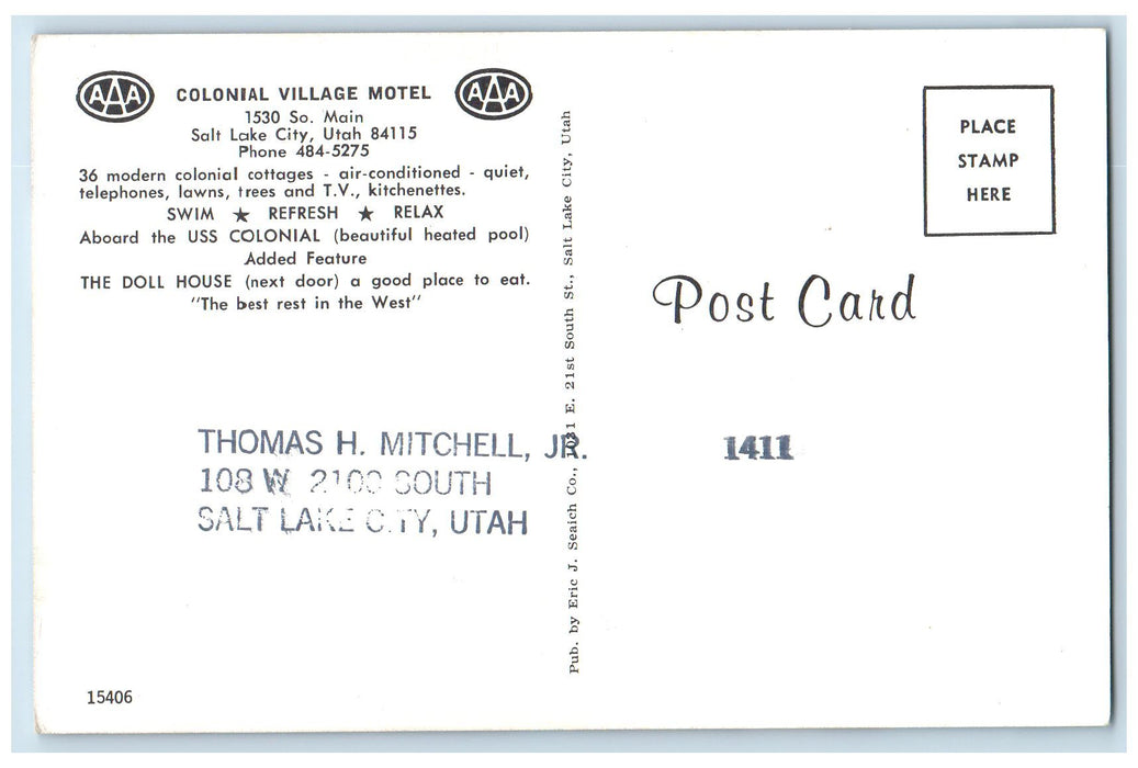 c1960s Colonial Village Motel Roadside Salt Lake City Utah UT Unposted Postcard