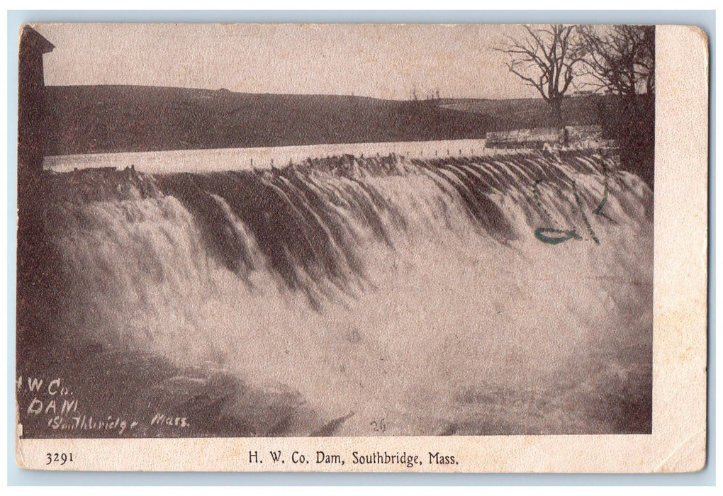 1910 HW Co. Dam Power Source Water Falls South Bridge Massachusetts MA Postcard
