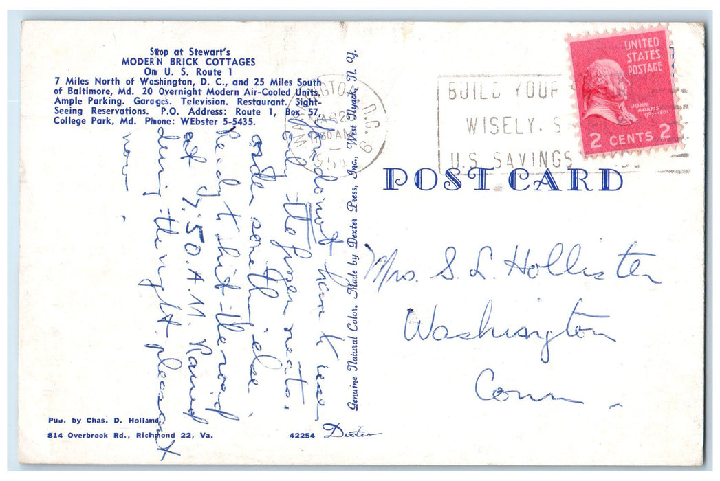 1954 Stop At Stewart's Modern Brick Cottages Washington DC Unposted Postcard