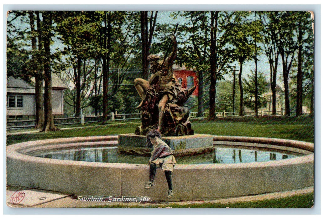 c1910's Fountain Kid Photoshoot Aquaman Statue Park Gardiner Maine ME Postcard