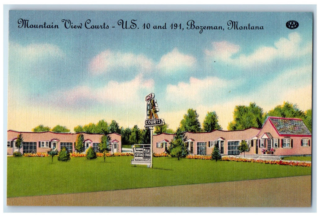 c1940s Mountain View Courts Exterior Roadside Bozeman Montana MT Trees Postcard