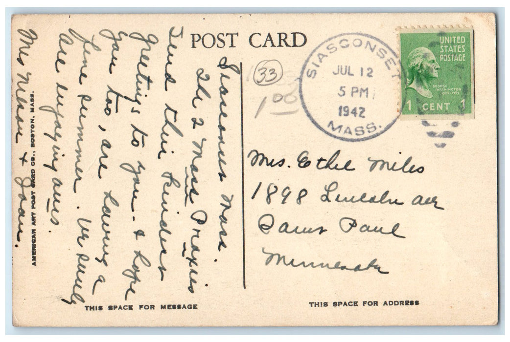 1942 Pump Square Siasconset Houses Nantucket Massachusetts MA Posted Postcard