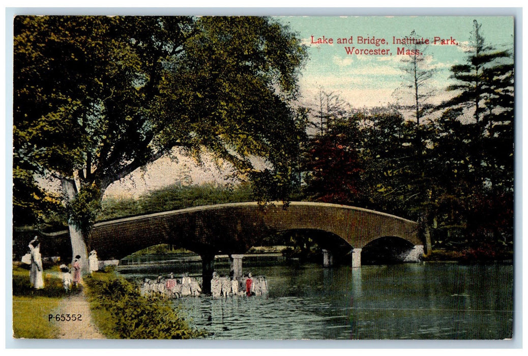 c1950's Lake Bridge Institute Park Worcester Massachusetts MA Unposted Postcard