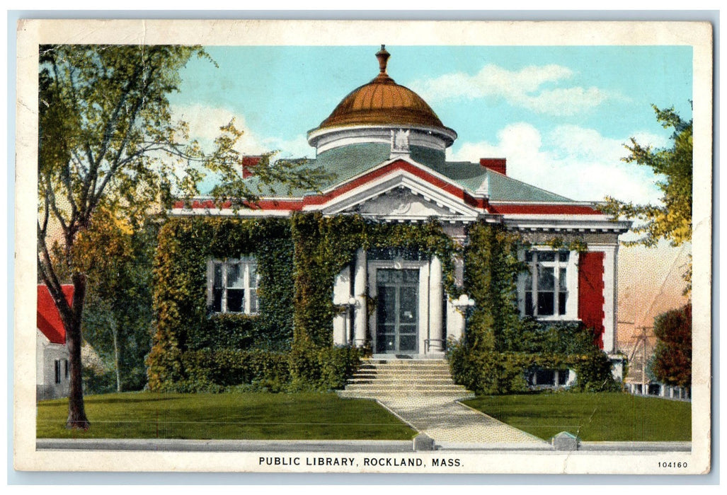 c1920 Public Library Building Entrance Stairs Rockland Massachusetts MA Postcard