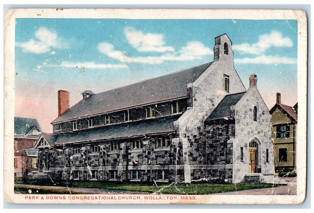 1921 Park & Down Congregational Church Building Dirt Road Wollaston MA Postcard