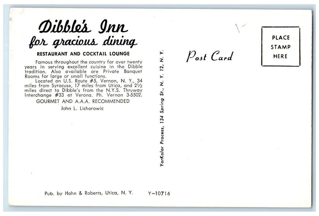 c1960s Dibble's Inn Restaurant And Cocktail Lounge Vernon New York NY Postcard