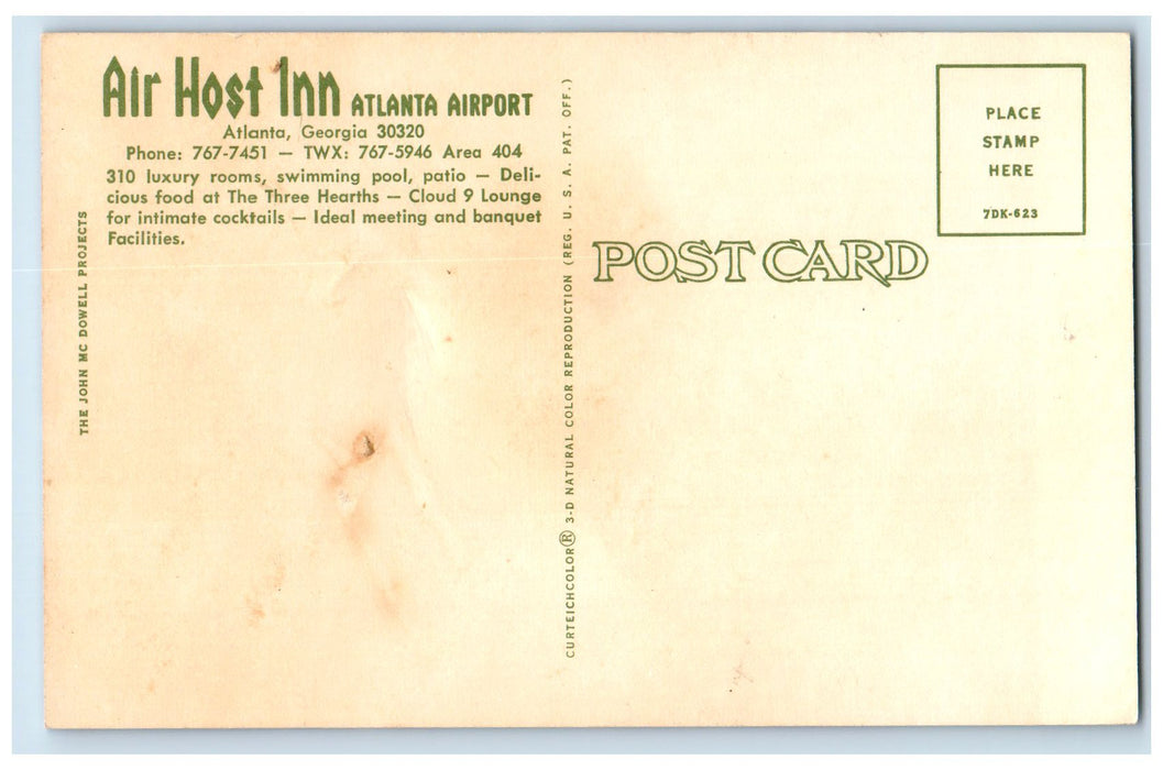 c1960s Air Host Inn Scene Atlanta Airport Atlanta Georgia GA Unposted Postcard