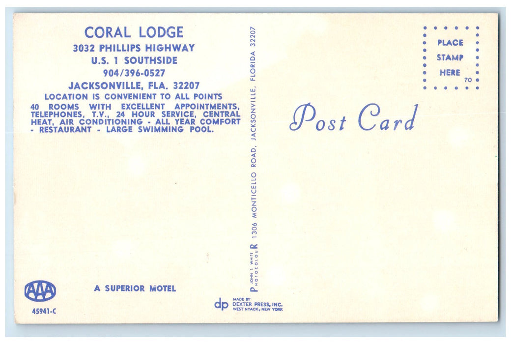 c1960s Coral Lodge Exterior Roadside Jacksonville Florida FL Unposted Postcard