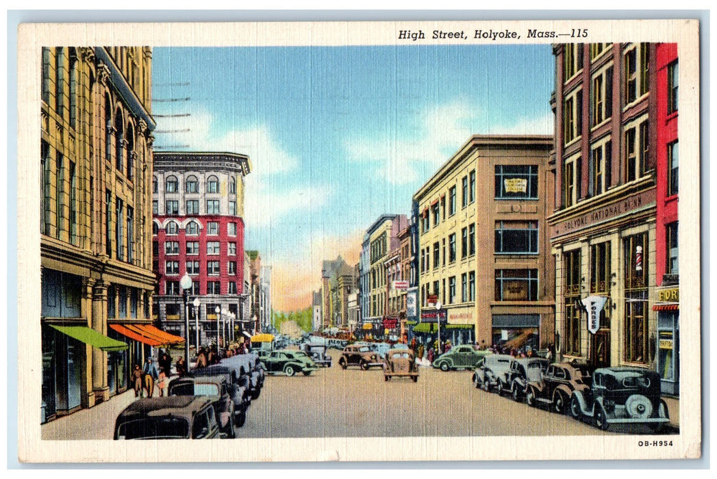 1941 High Street Cars Scene Holyoke Massachusetts MA Posted Buildings Postcard
