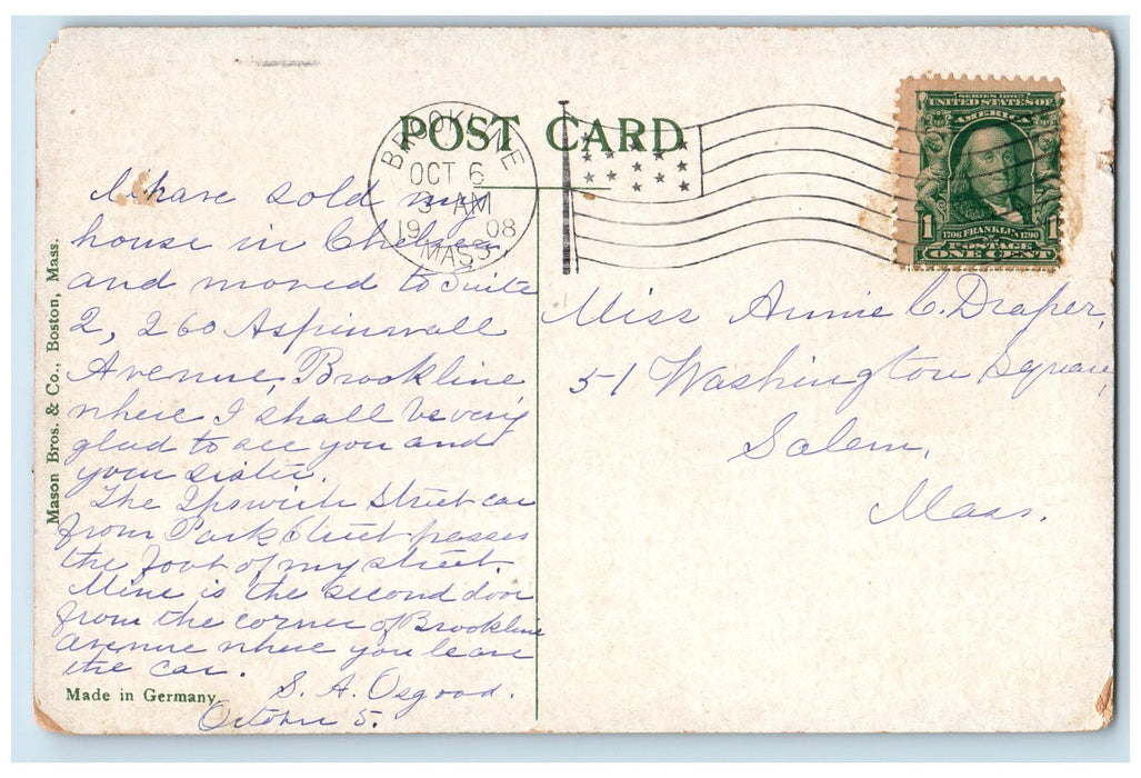 1908 The Lake Muddy Brook Grove View Brookline Massachusetts MA Posted Postcard