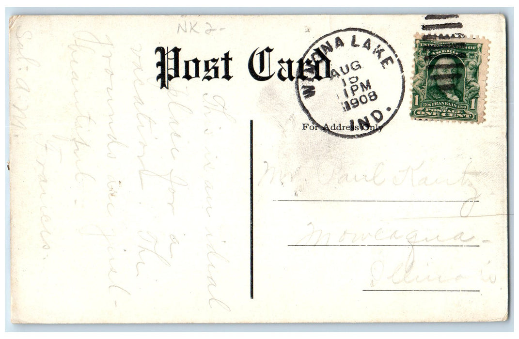 1908 Lagoon Boat Trees Scene Winona Lake Indiana IN Posted Vintage Postcard