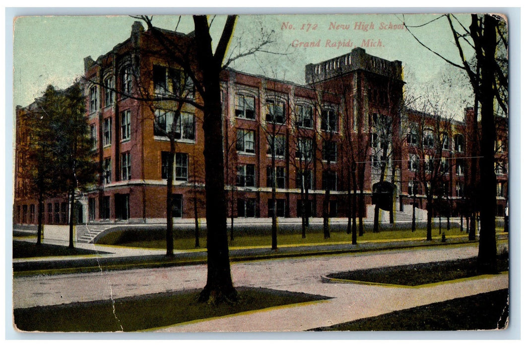 1913 New High School Exterior Roadside Grand Rapids Michigan MI Posted Postcard
