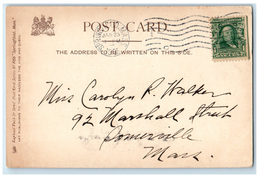 1905 Public Library Building Tower Stair Entrance People Springfield MA Postcard