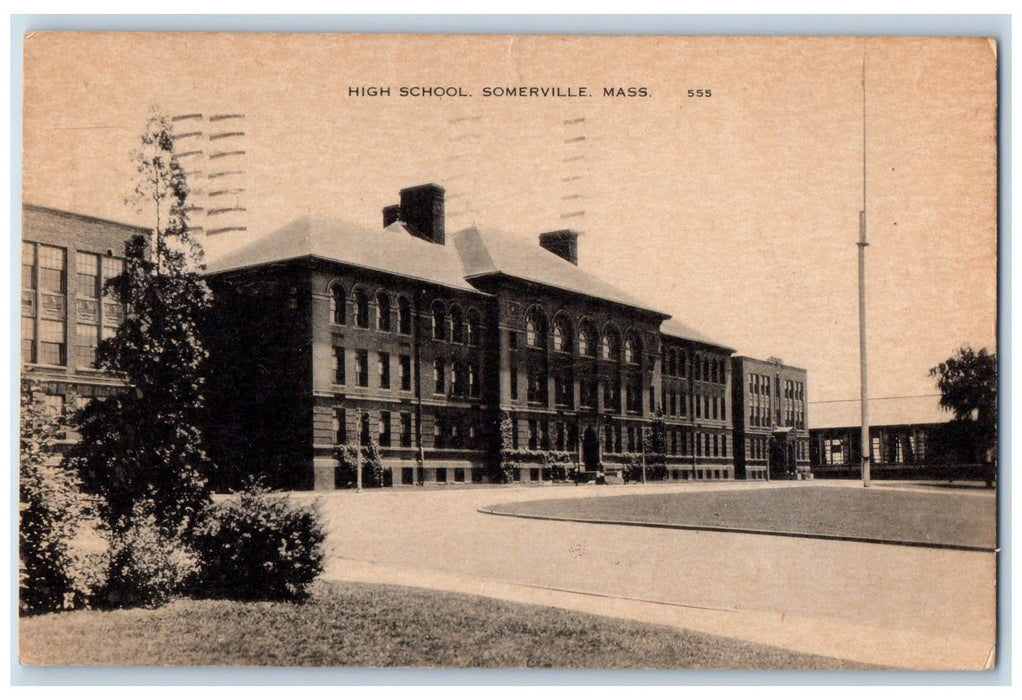 1944 High School Building Campus Flag Pole Ground Somerville MA Posted Postcard