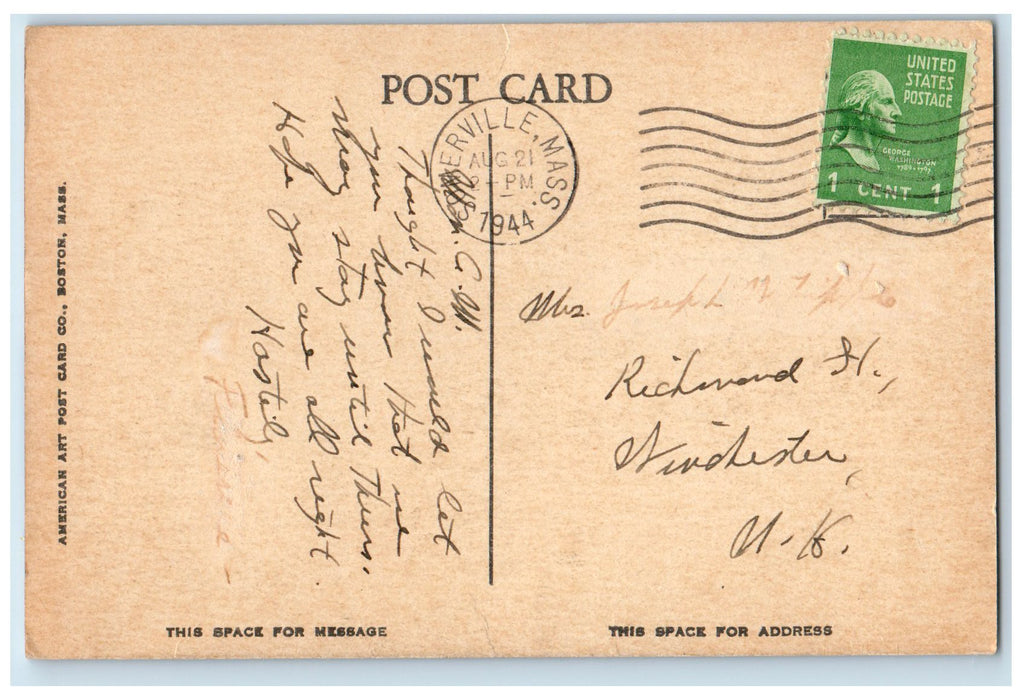 1944 High School Building Campus Flag Pole Ground Somerville MA Posted Postcard