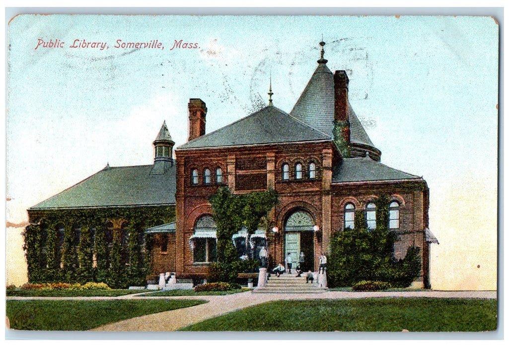 1907 Public Library Building Tower Students Somerville Massachusetts MA Postcard