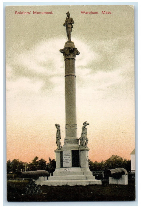 c1950's Soldier's Monument Statue Cannon Park Wareham Massachusetts MA Postcard