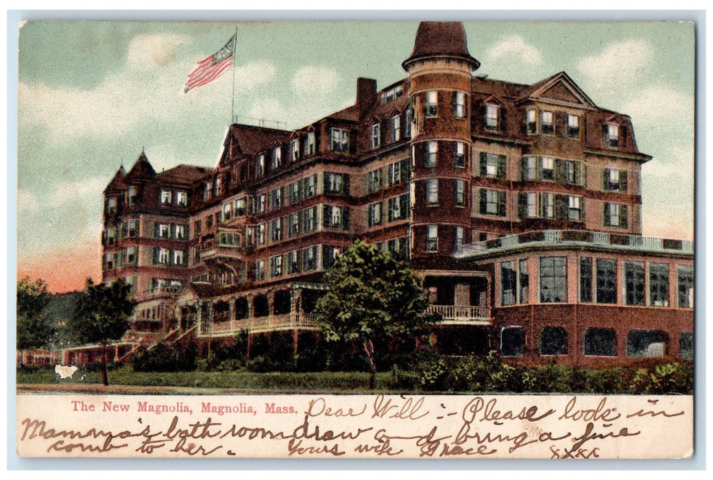 1907 New Magnolia Building Terrace US Flag Magnolia Massachusetts MA Postcard