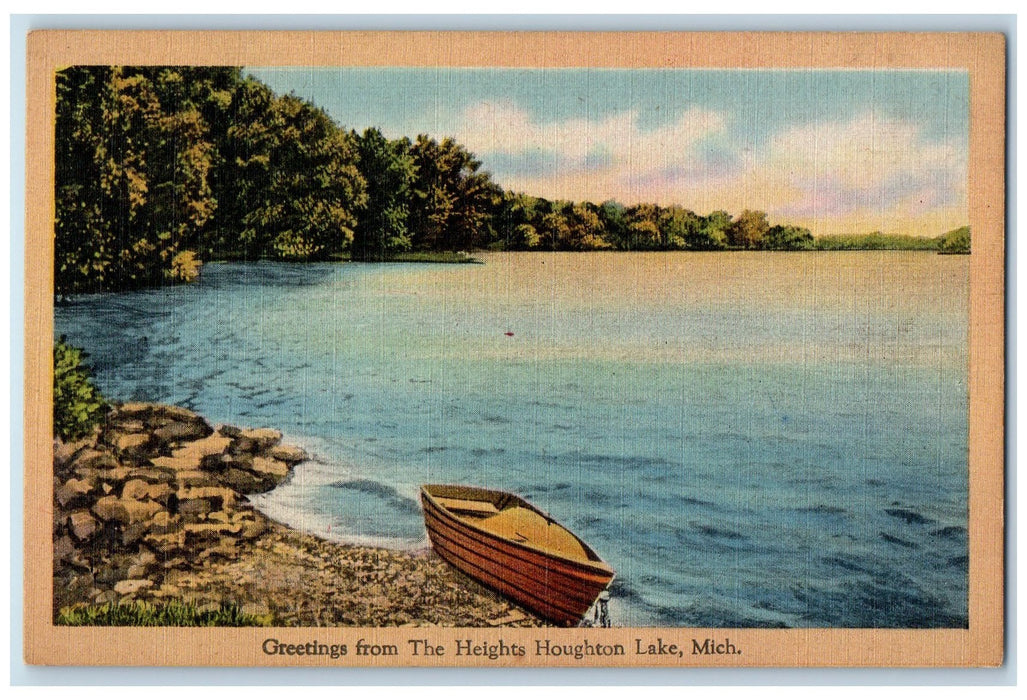 c1940's Greetings From Heights Houghton Lake Michigan MI Unposted Boat Postcard