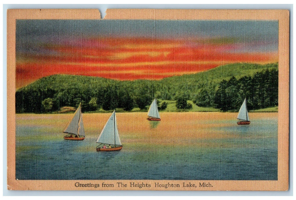 c1940's Greetings From Heights Houghton Lake Michigan MI Unposted Boats Postcard