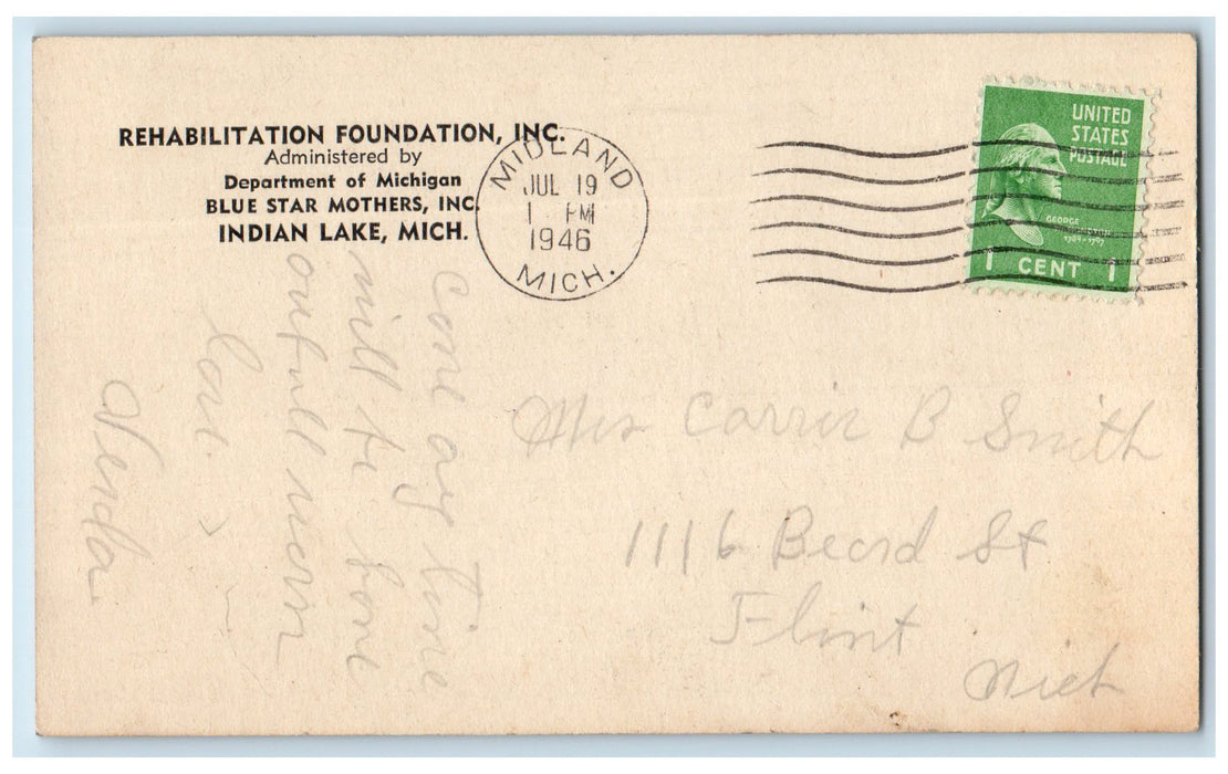 1946 Rehabilitation Foundation Inc. Indian Lake Michigan MI Posted Tree Postcard