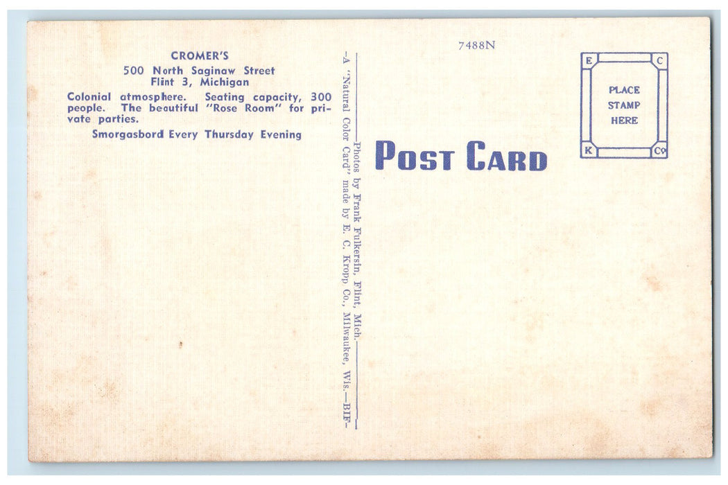 c1940s Cromer's Flint's Finest Restaurant Saginaw Michigan MI Unposted Postcard