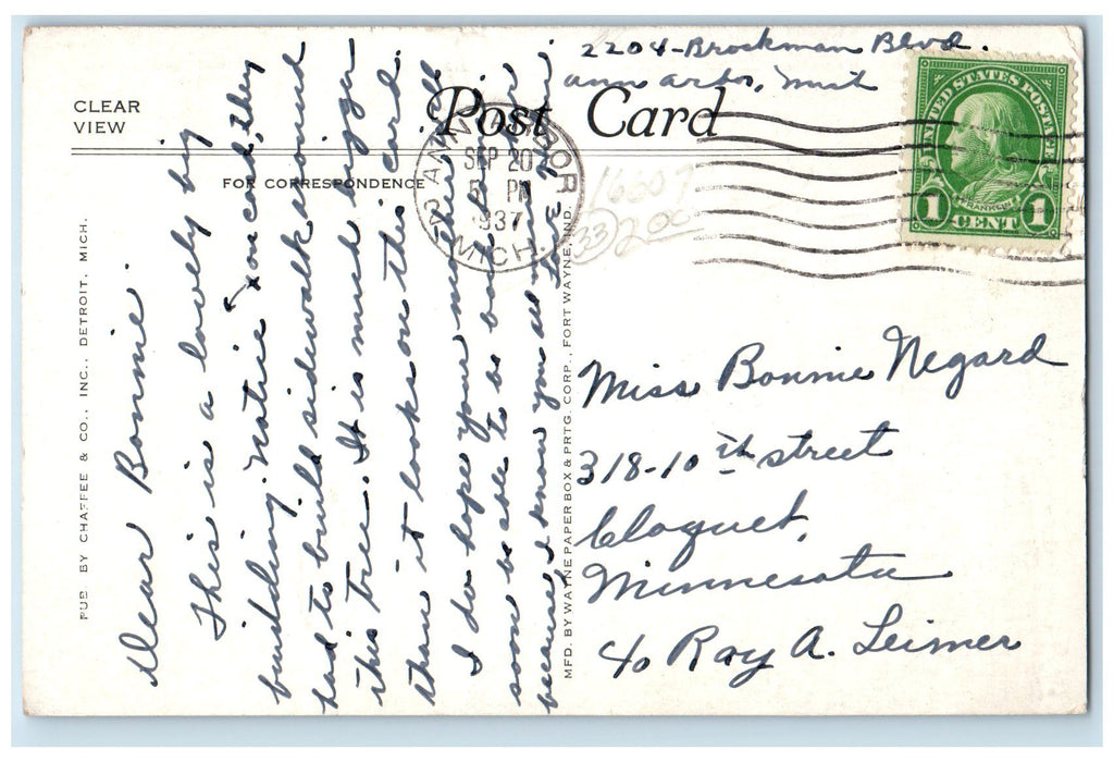 1937 Hill Auditorium University Michigan Exterior Roadside Ann Arbor MI Postcard