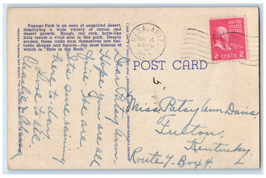 1952 Hole In The Rock Papago Park Phoenix Arizona AZ Posted Vintage Postcard