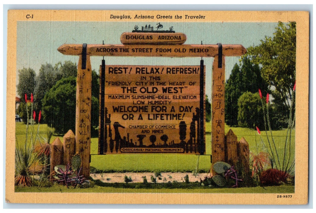 c1940s Douglas Arizona Greet The Traveler Rustic Sign Scene Arizona AZ Postcard