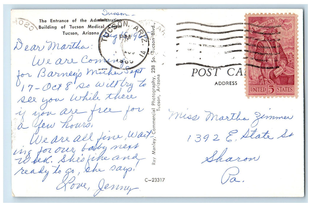 1965 Tucson Medical Center Entrance Exterior Tucson Arizona AZ Posted Postcard