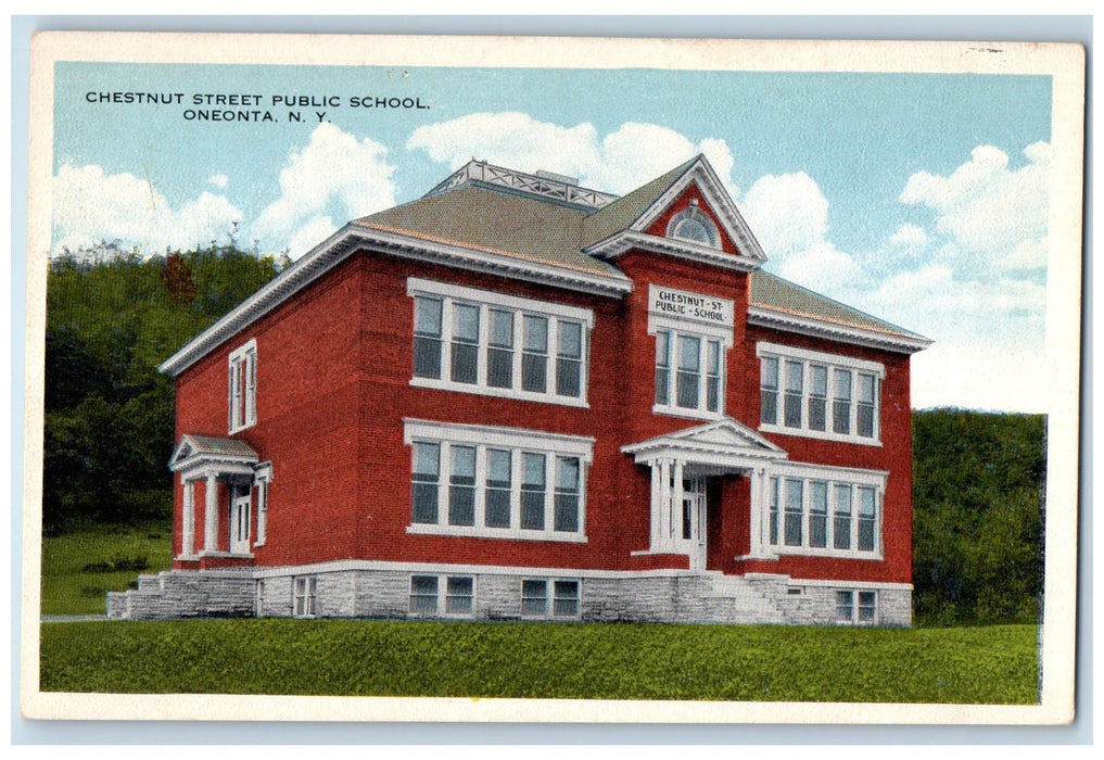 c1920s Chestnut Street Public School Exterior Oneonta New York NY Trees Postcard