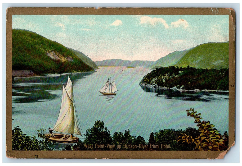 1909 West Point View Up Hudson River From Hotel Hudson New York NY Boat Postcard