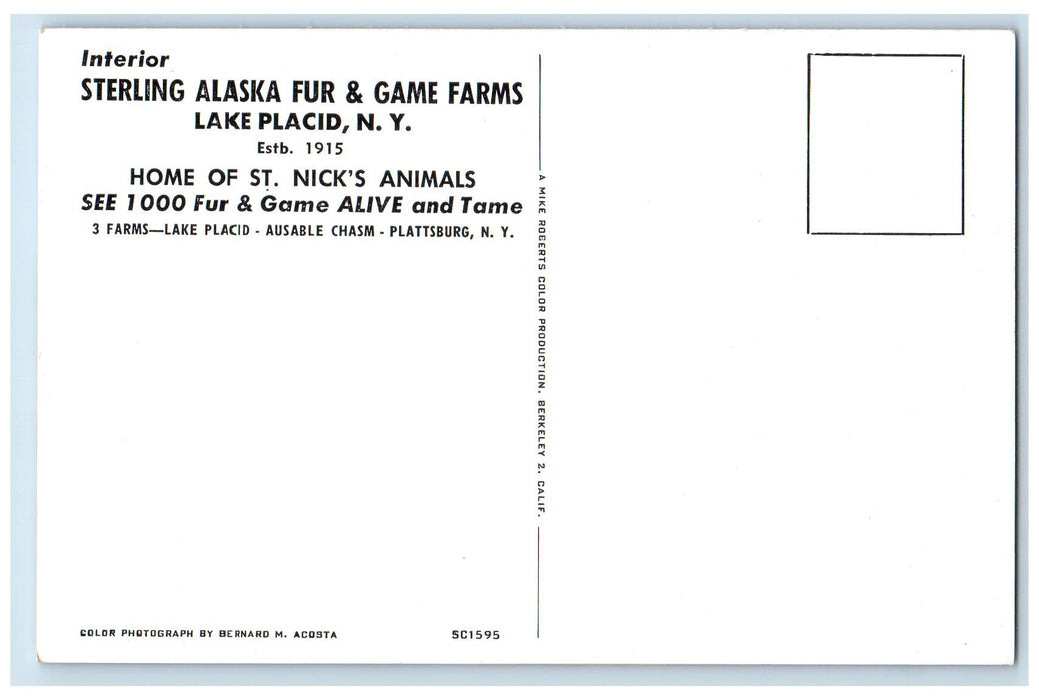 c1960s Interior Sterling Alaska Fur & Games Farms Lake Placid NY Tents Postcard