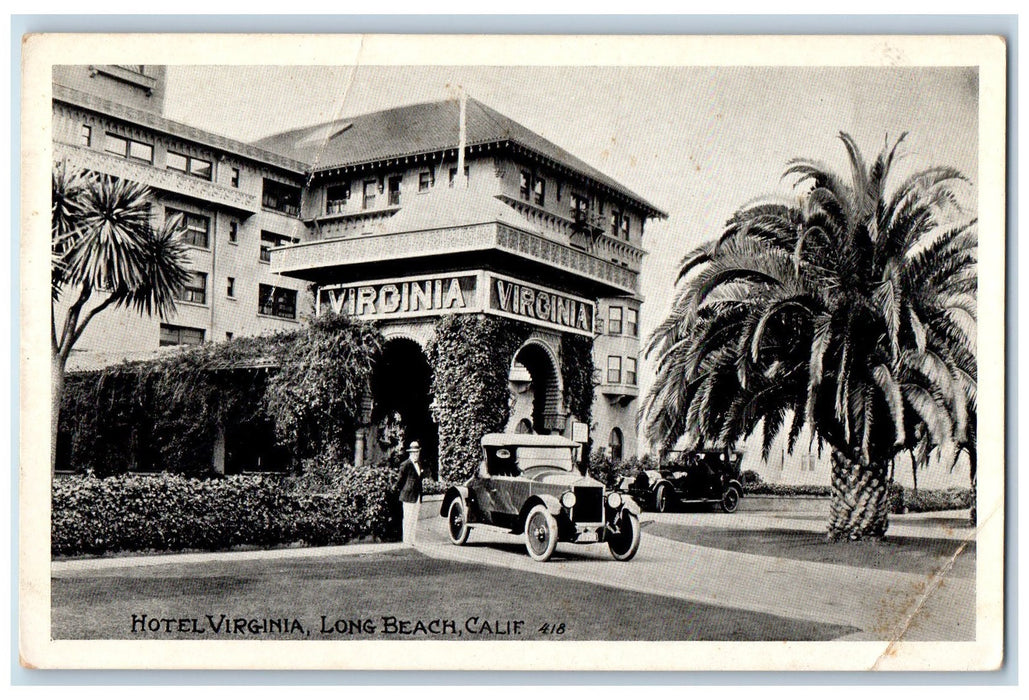 c1920's Hotel Virginia Exterior Roadside Long Beach California CA Car Postcard