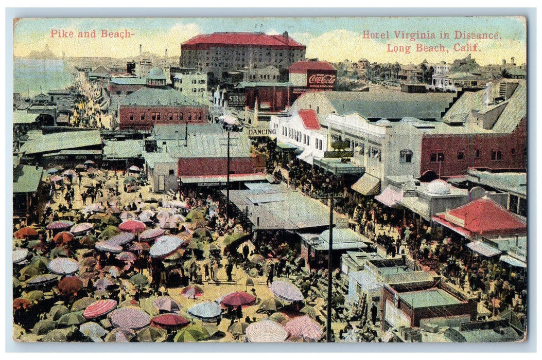 c1910's Pike And Beach Hotel Virginia In Distance Long Beach CA Shops Postcard