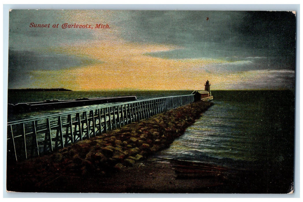c1920's Lighthouse View Sunset Of Charlevoix Massachusetts MA Unposted Postcard
