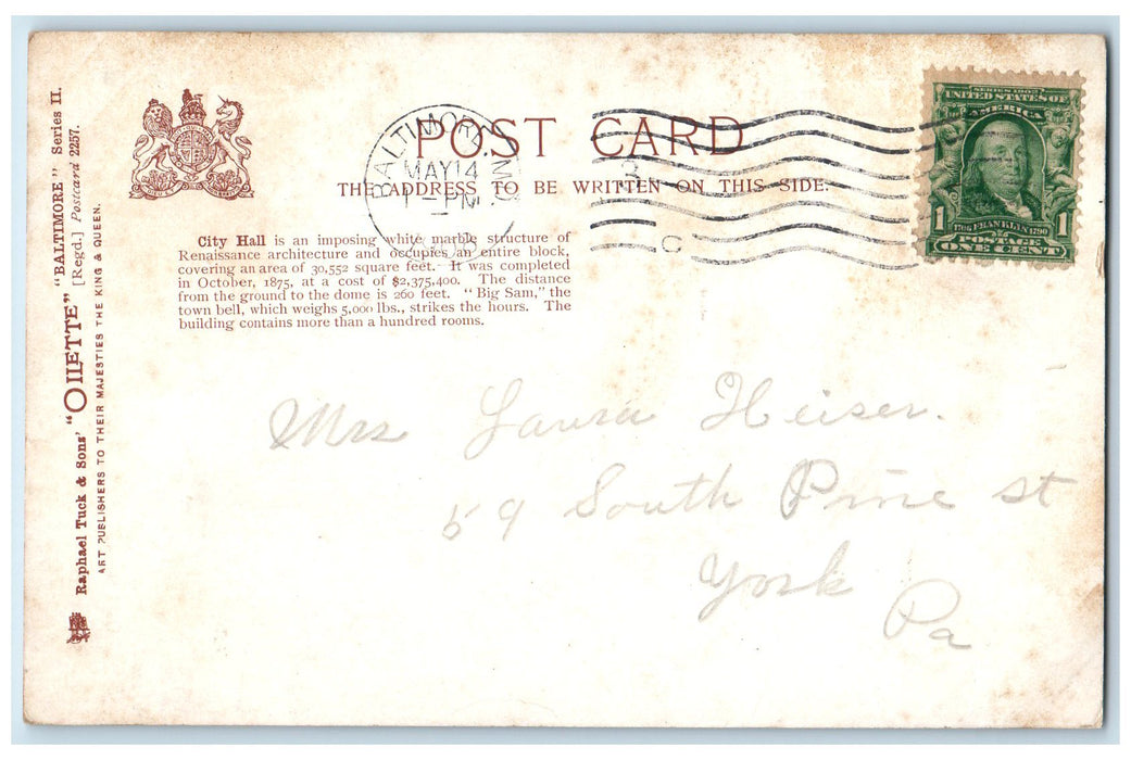 1908 Baltimore City Hall Exterior Roadside Baltimore Maryland MD Tuck's Postcard