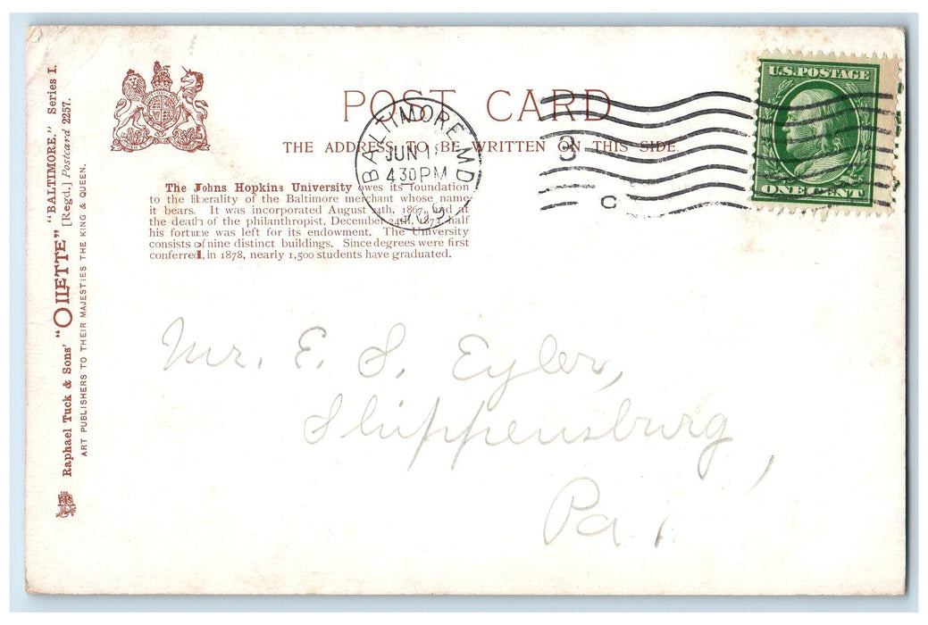 1909 John's Hopkins University Exterior Baltimore Maryland MD Posted  Postcard