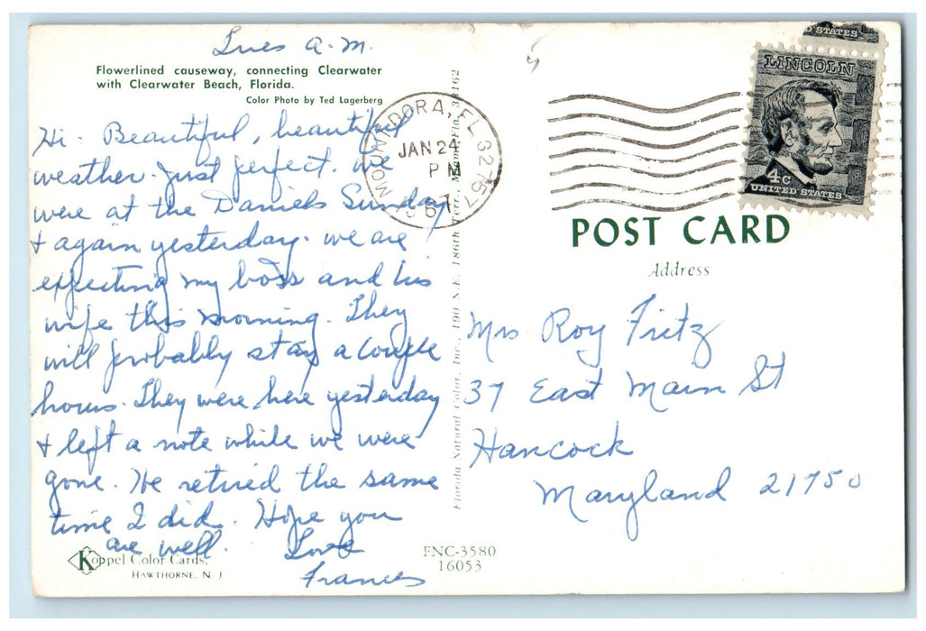 1967 Flowerlined Connecting Clearwater Beach Florida FL Posted Cars Postcard