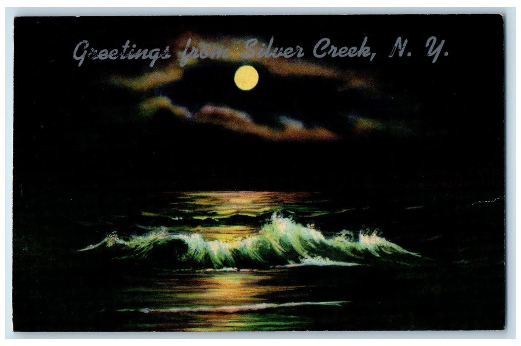 1958 Greetings From Silver Creek Moonlight Waves Scene New York NY Sky Postcard