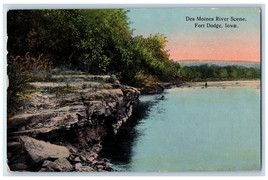 1912 Des Moines River Scene Sunset Trees Rock Fort Dodge Iowa IA Posted Postcard