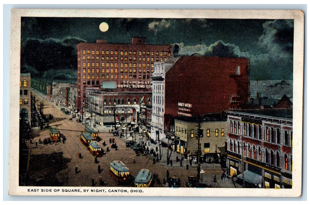 1924 East Side Of Square By Night Buildings Canton Ohio OH Posted Moon Postcard